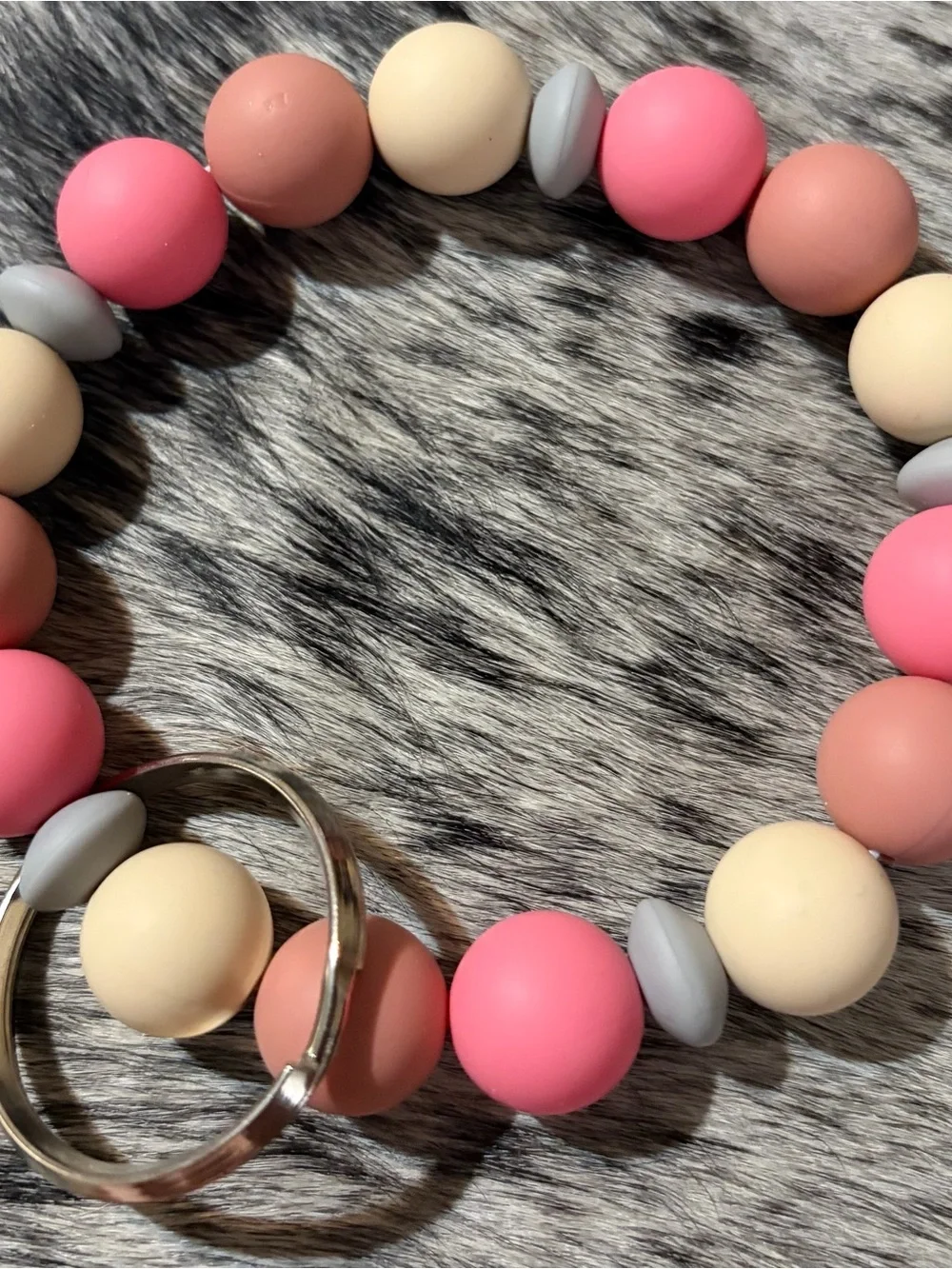 Silicone Beaded Key Ring Bracelet - Pink, Cream & Gray